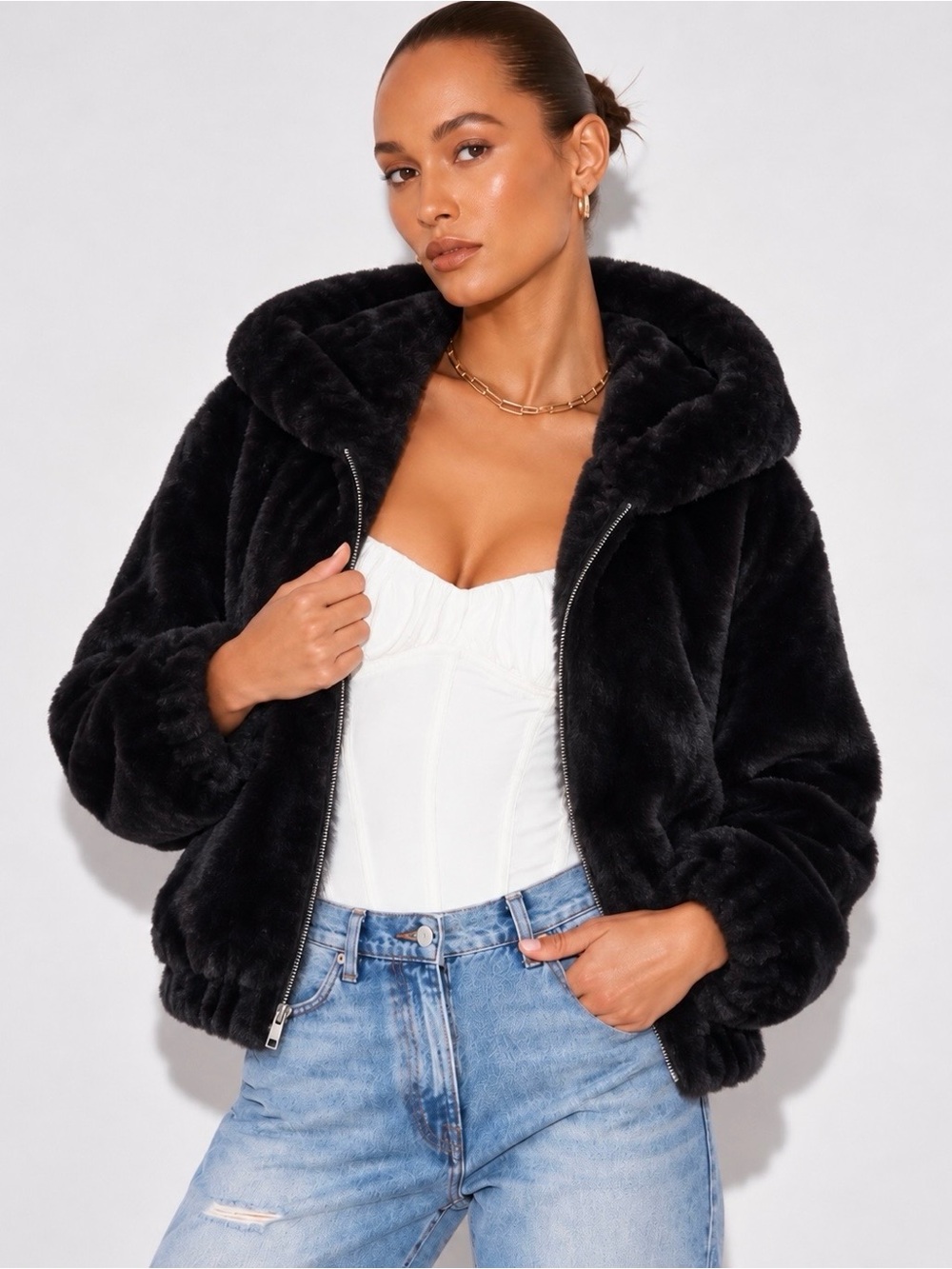 Sanctuary Black Faux Mink Hooded Jacket M Cozy Faux Fur Puffer Autumn Y2K
